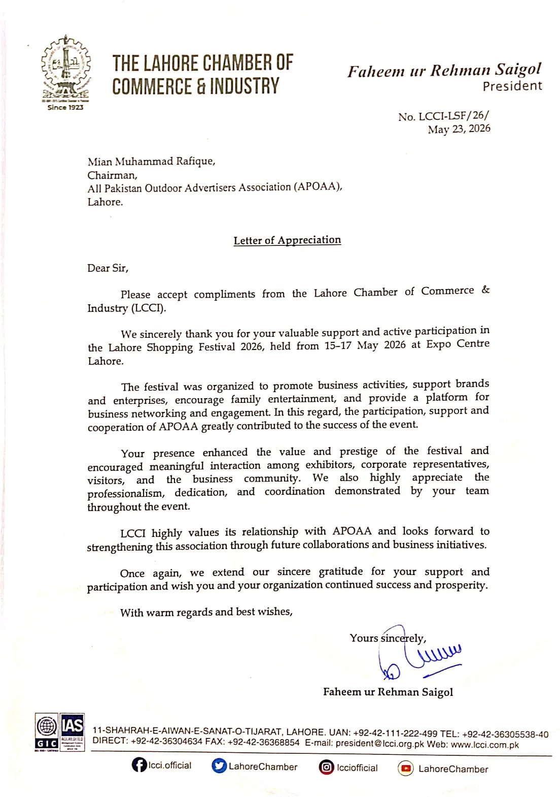LCCI Appreciation Letter