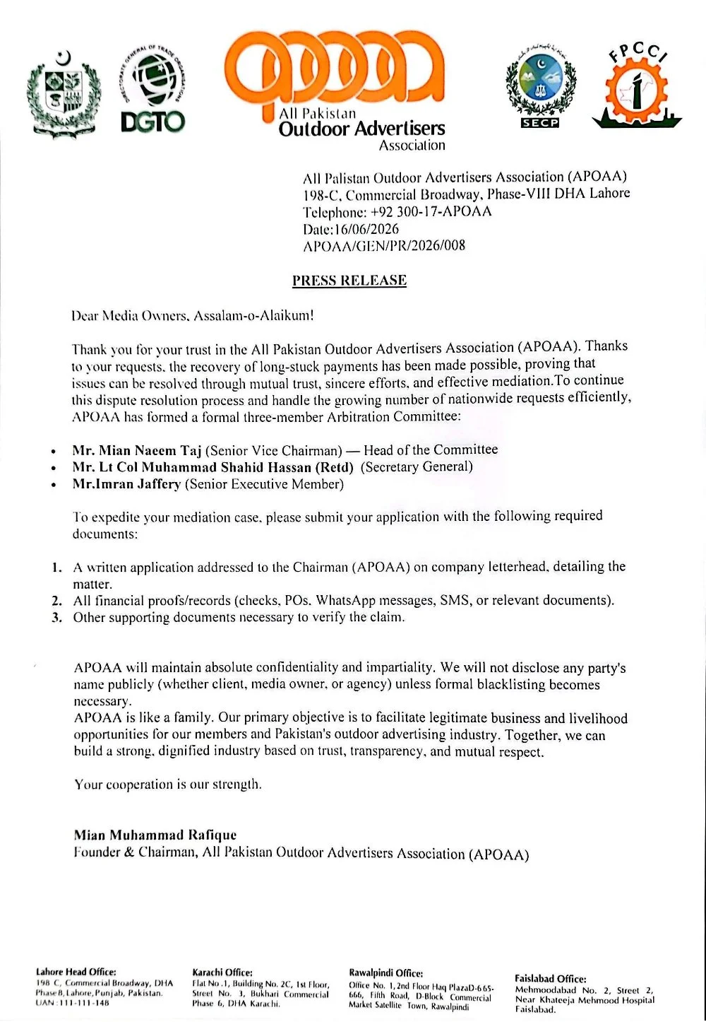 APOAA Arbitration Committee English Press Release