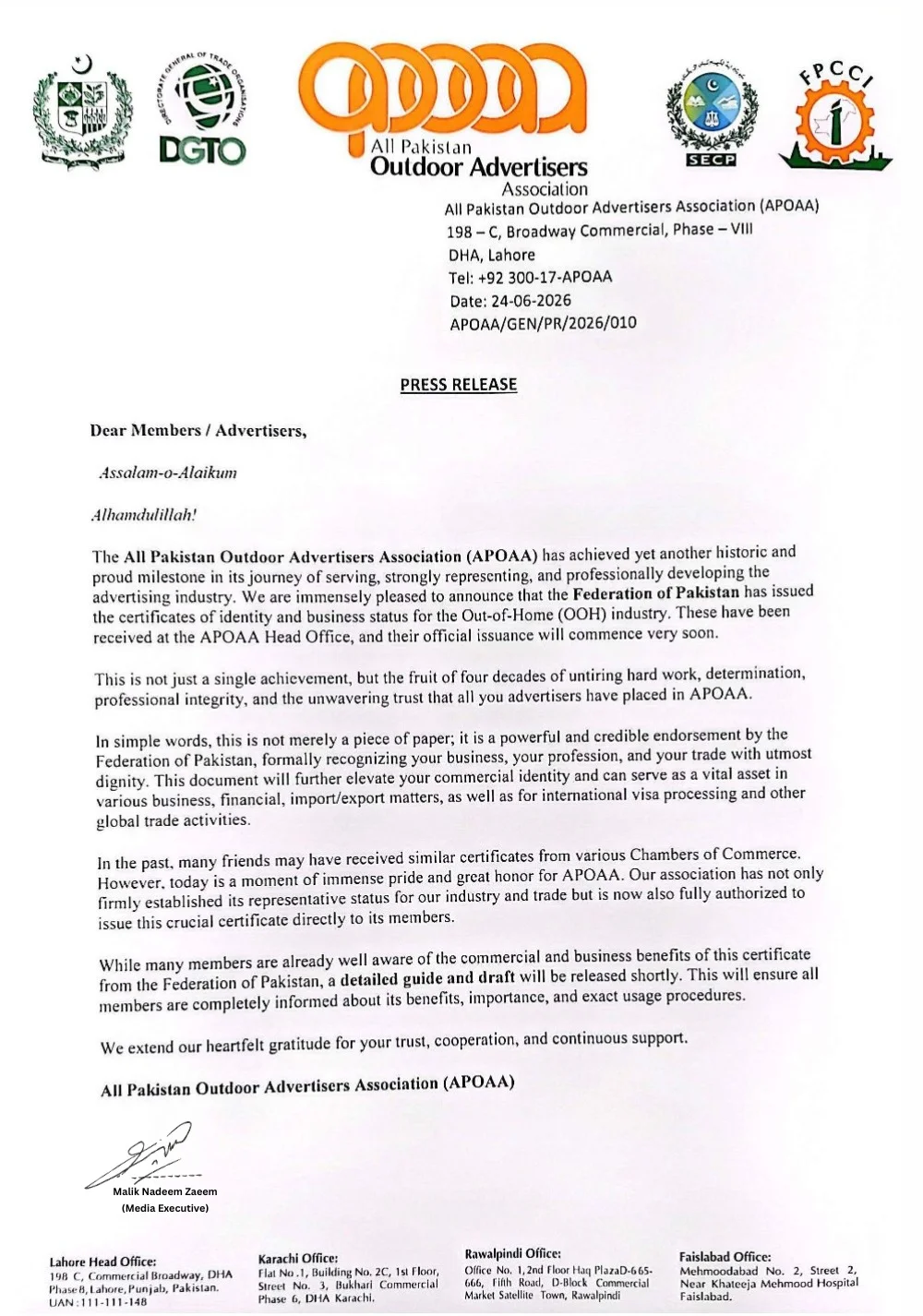APOAA Official Identity and Business Status Certificates English