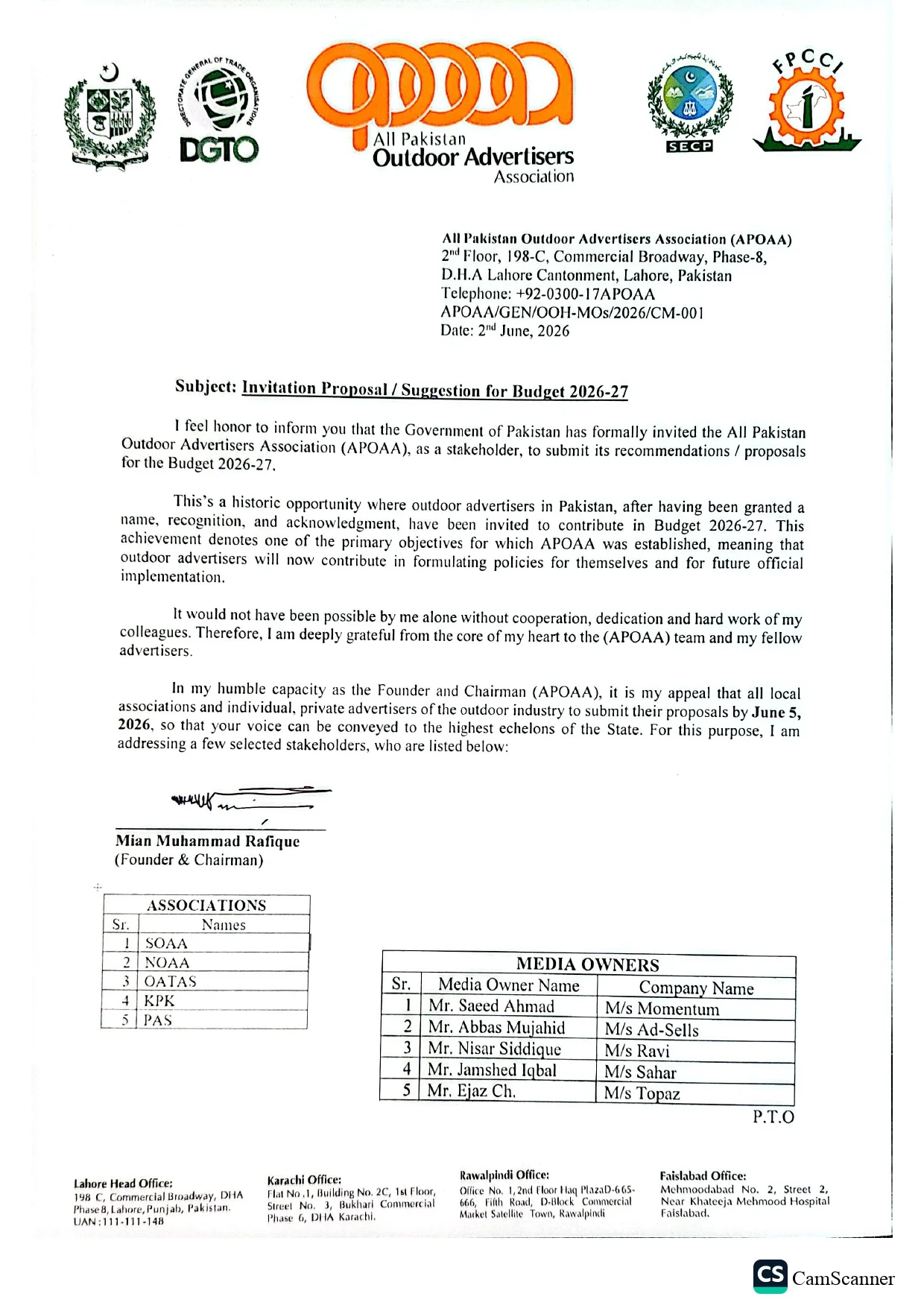 APOAA Budget Letter Page 1