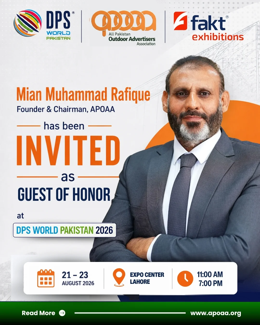 Mian Muhammad Rafique, Founder and Chairman of APOAA, invited as Guest of Honor at DPS World Pakistan 2026